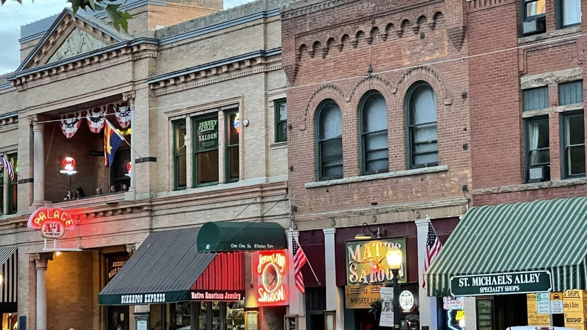 Whiskey Row storefronts at golden hour, Prescott Arizona